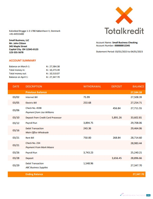 Download Totalkredit Bank organization account statement Word and PDF Photoshop template